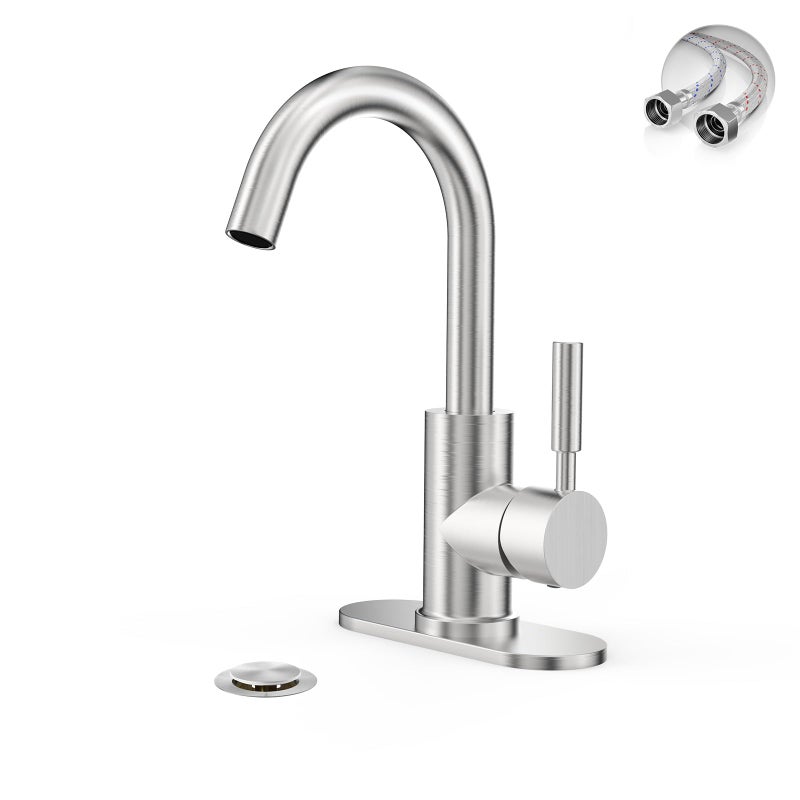 Phiestina Bathroom Sink Faucet,Single-Handle Bathroom Faucet with 4 Inch Deck Plate and Metal Drain, Fit for 1 or 3 Hole Installation, 360 Degree Rotation Spout, Brushed Nickel, WE08E-BN - Image 1
